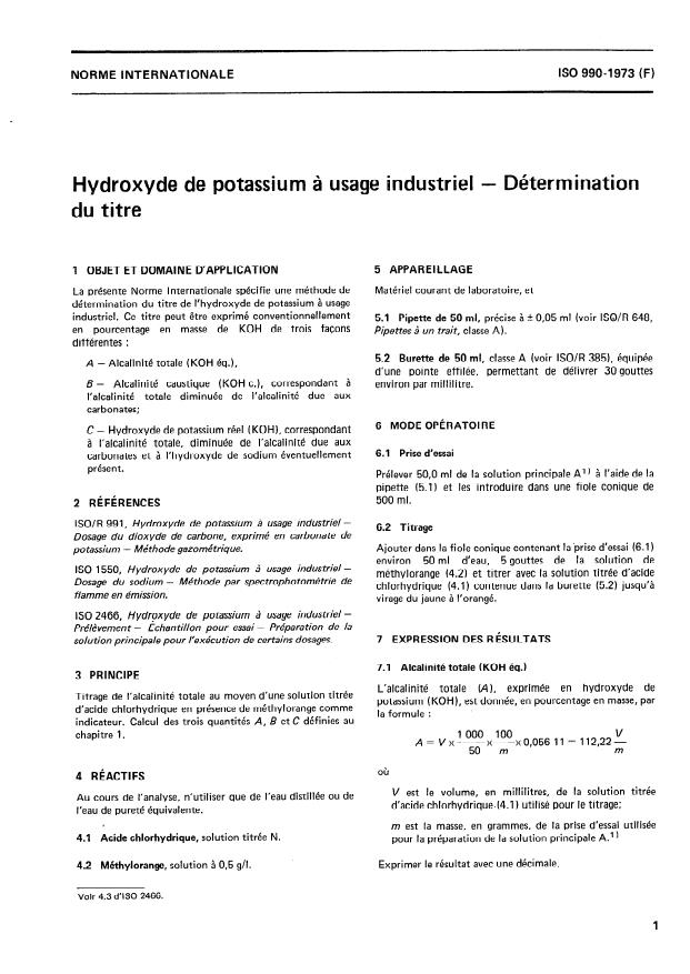 ISO 990:1973 - Hydroxyde de potassium a usage industriel -- Détermination du titre