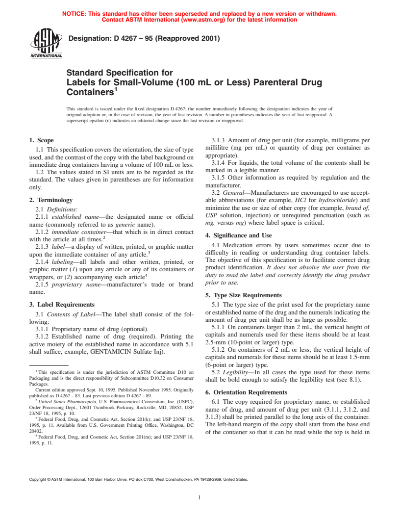 ASTM D4267-95(2001) - Standard Specification for Labels for Small-Volume (100 mL or Less) Parenteral Drug Containers