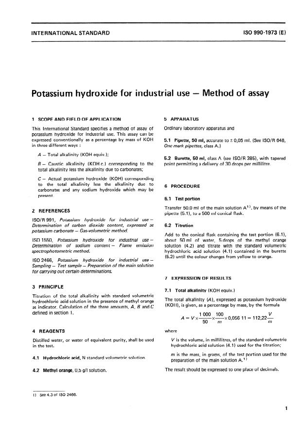 ISO 990:1973 - Potassium hydroxide for industrial use -- Method of assay