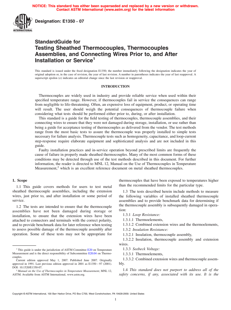 ASTM E1350-07 - Standard Guide for Testing Sheathed Thermocouples, Thermocouples Assemblies, and Connecting Wires Prior to, and After Installation or Service