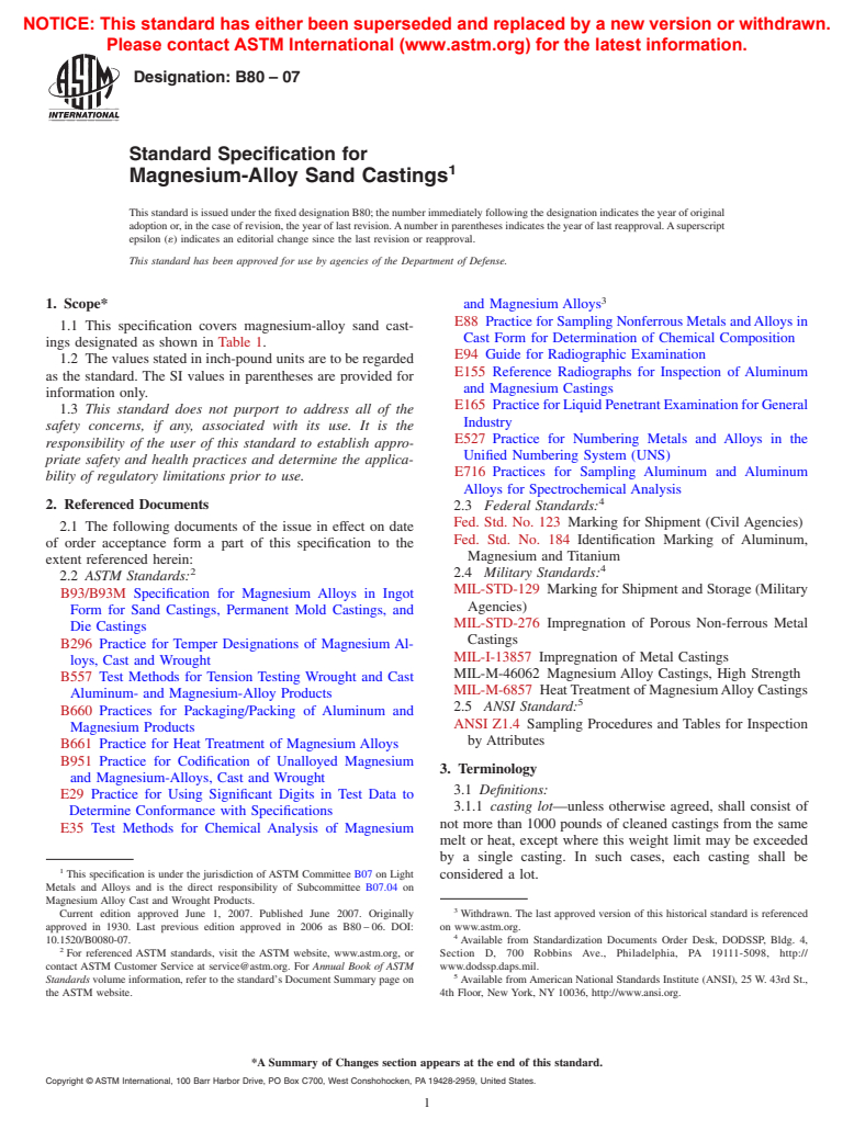 ASTM B80-07 - Standard Specification for Magnesium-Alloy Sand Castings