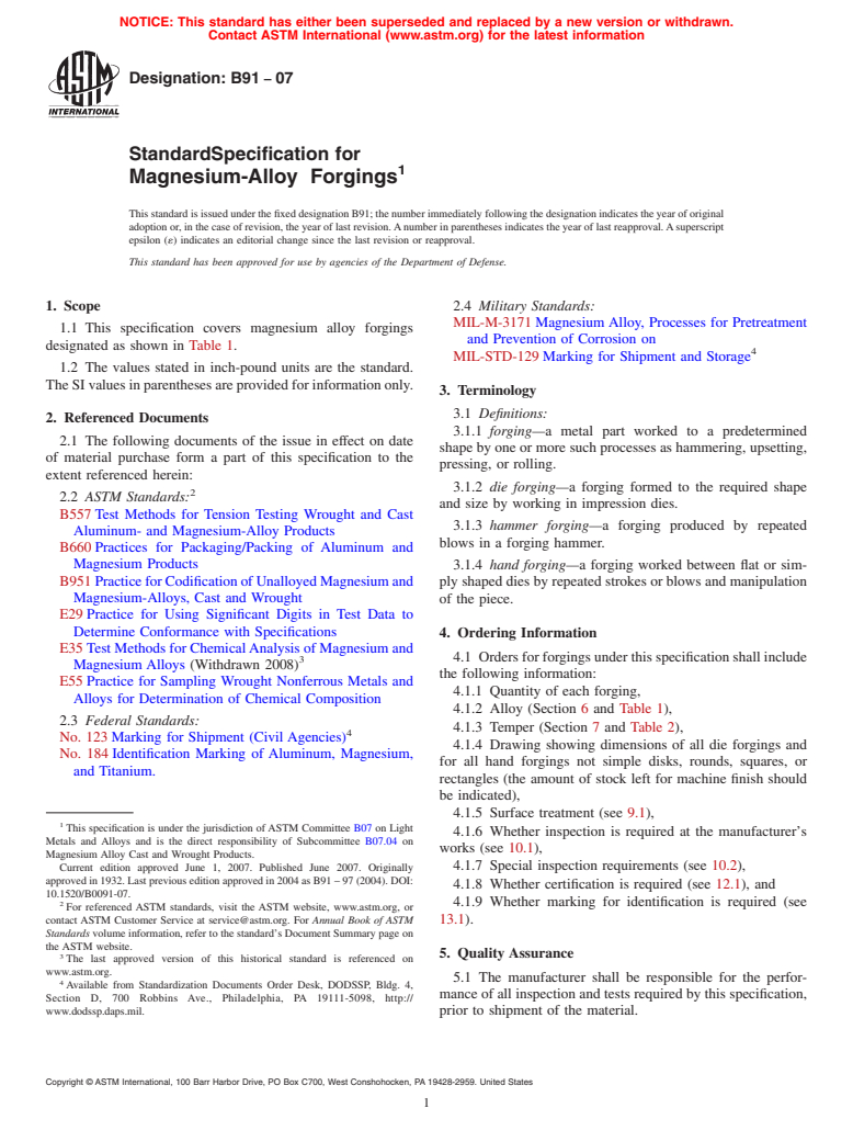 ASTM B91-07 - Standard Specification for Magnesium-Alloy  Forgings