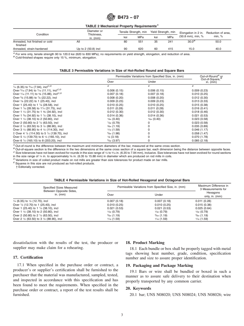 ASTM B473-07 - Standard Specification for UNS N08020, UNS N08024, and UNS N08026 Nickel Alloy Bar and Wire