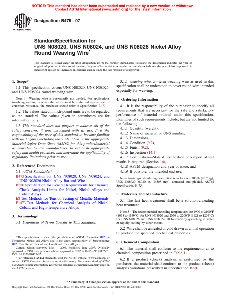 ASTM B475-07 - Standard Specification for UNS N08020, UNS N08024, and UNS N08026 Nickel Alloy Round Weaving Wire