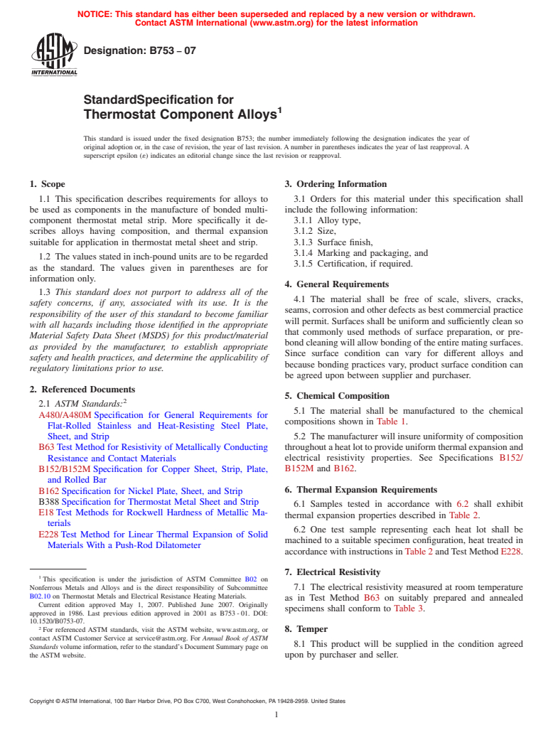 ASTM B753-07 - Standard Specification for Thermostat Component Alloys