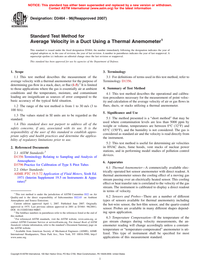ASTM D3464-96(2007) - Standard Test Method for Average Velocity in a Duct Using a Thermal Anemometer