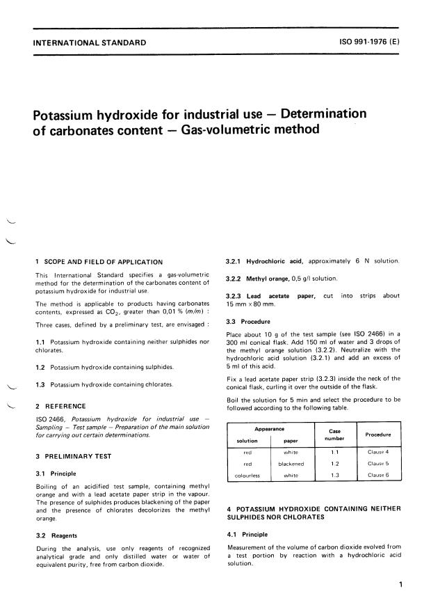 ISO 991:1976 - Potassium hydroxide for industrial use -- Determination of carbonates content -- Gas-volumetric method