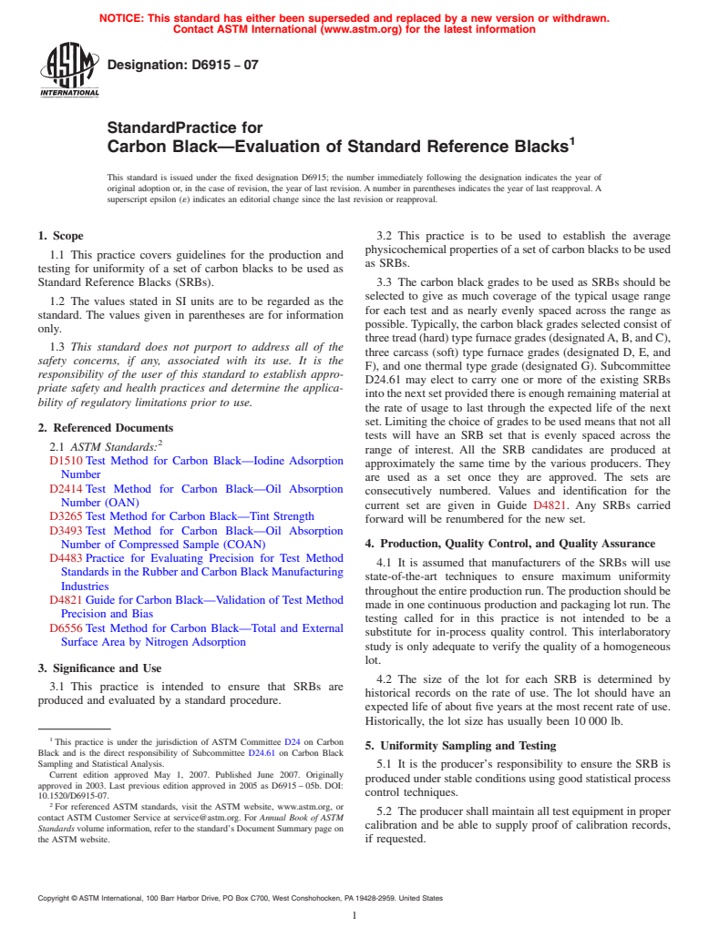ASTM D6915-07 - Standard Practice for Carbon Black-Evaluation of Standard Reference Blacks