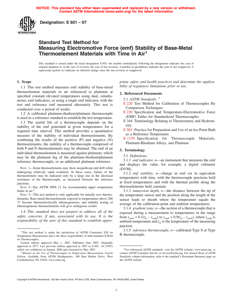 ASTM E601-07 - Standard Test Method for Measuring Electromotive Force (emf) Stability of Base-Metal Thermoelement Materials with Time in Air