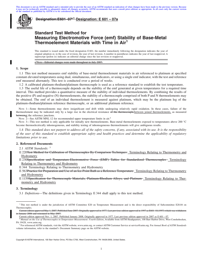 REDLINE ASTM E601-07 - Standard Test Method for Measuring Electromotive Force (emf) Stability of Base-Metal Thermoelement Materials with Time in Air