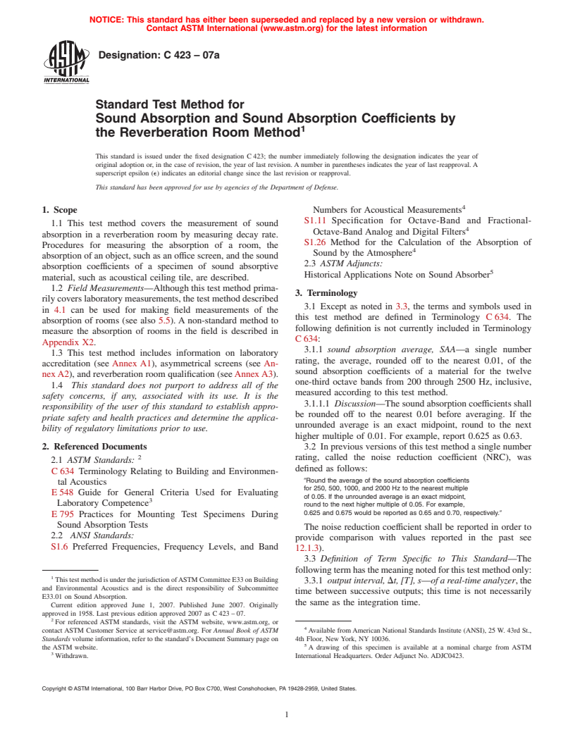 ASTM C423-07a - Standard Test Method for Sound Absorption and Sound Absorption Coefficients by the Reverberation Room Method