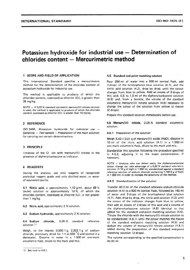 ISO 992:1975 - Potassium hydroxide for industrial use -- Determination of chlorides content -- Mercurimetric method