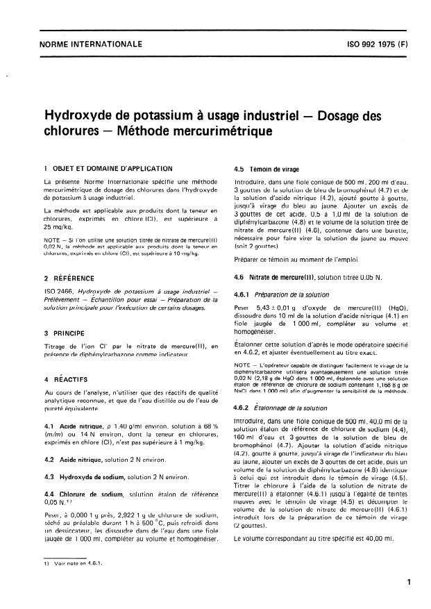 ISO 992:1975 - Hydroxyde de potassium a usage industriel -- Dosage des chlorures -- Méthode mercurimétrique