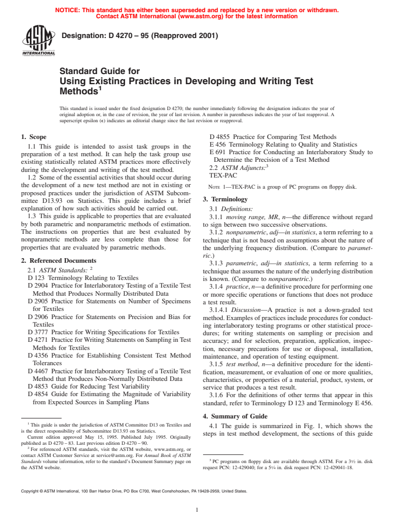 ASTM D4270-95(2001) - Standard Guide for Using Existing Practices in Developing and Writing Test Methods (Withdrawn 2009)