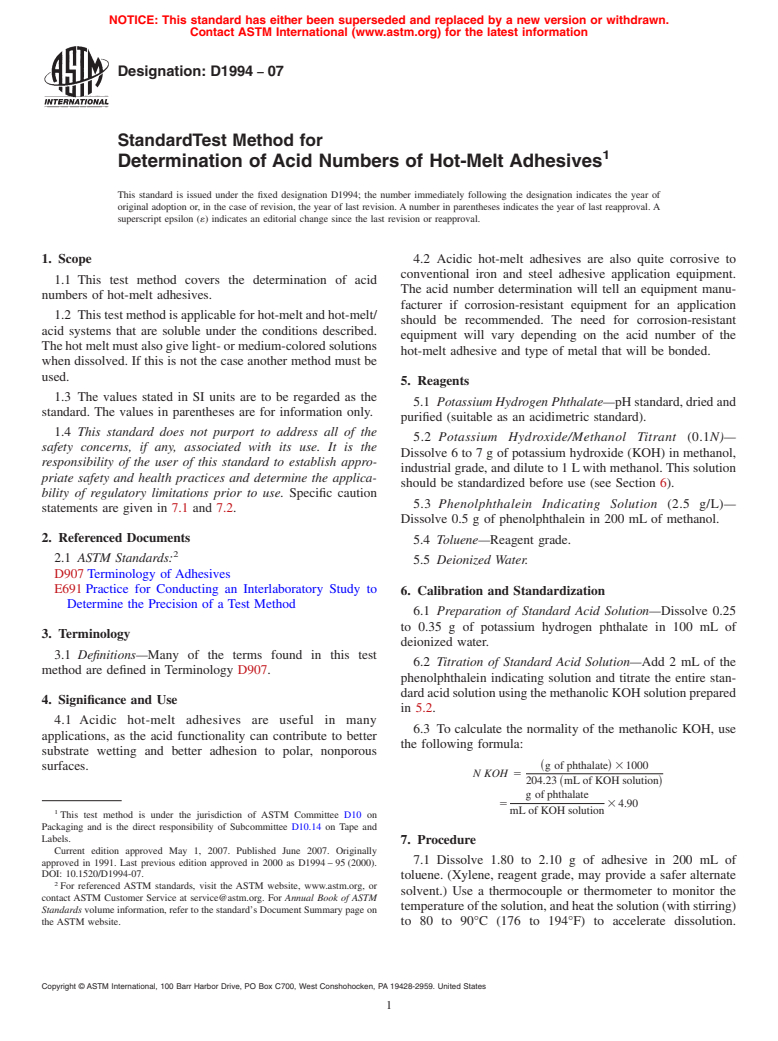 ASTM D1994-07 - Standard Test Method for Determination of Acid Numbers of Hot-Melt Adhesives