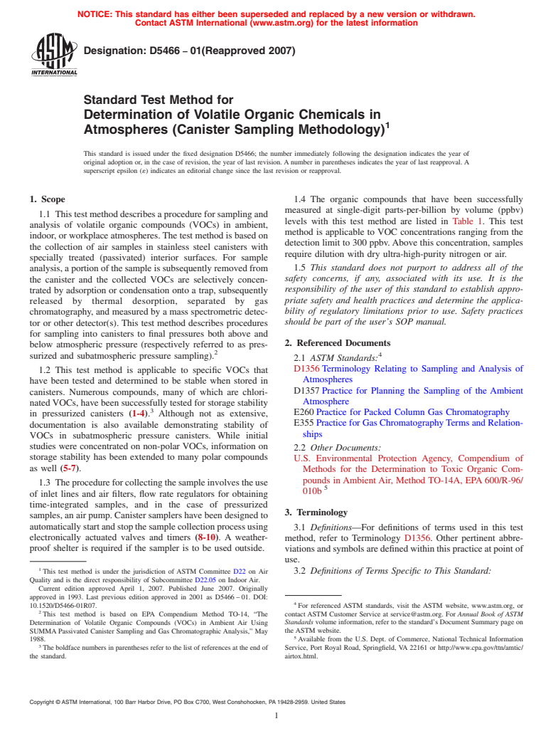 ASTM D5466-01(2007) - Standard Test Method for Determination of Volatile Organic Chemicals in Atmospheres (Canister Sampling Methodology)