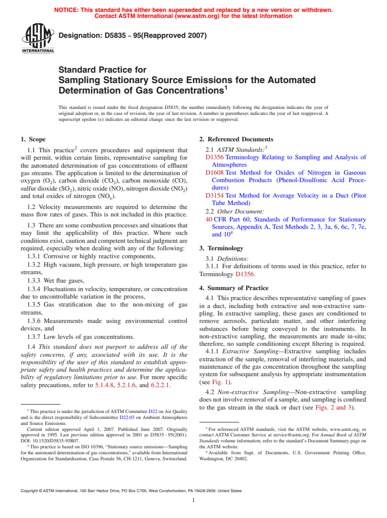 ASTM D5835-95(2007) - Standard Practice for Sampling Stationary Source Emissions for the Automated Determination of Gas Concentrations