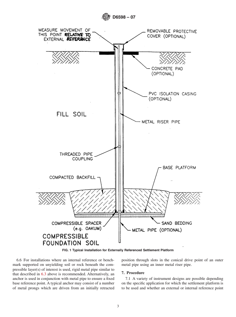 ASTM D6598-07 - Standard Guide for Installing and Operating Settlement Platforms for Monitoring Vertical Deformations
