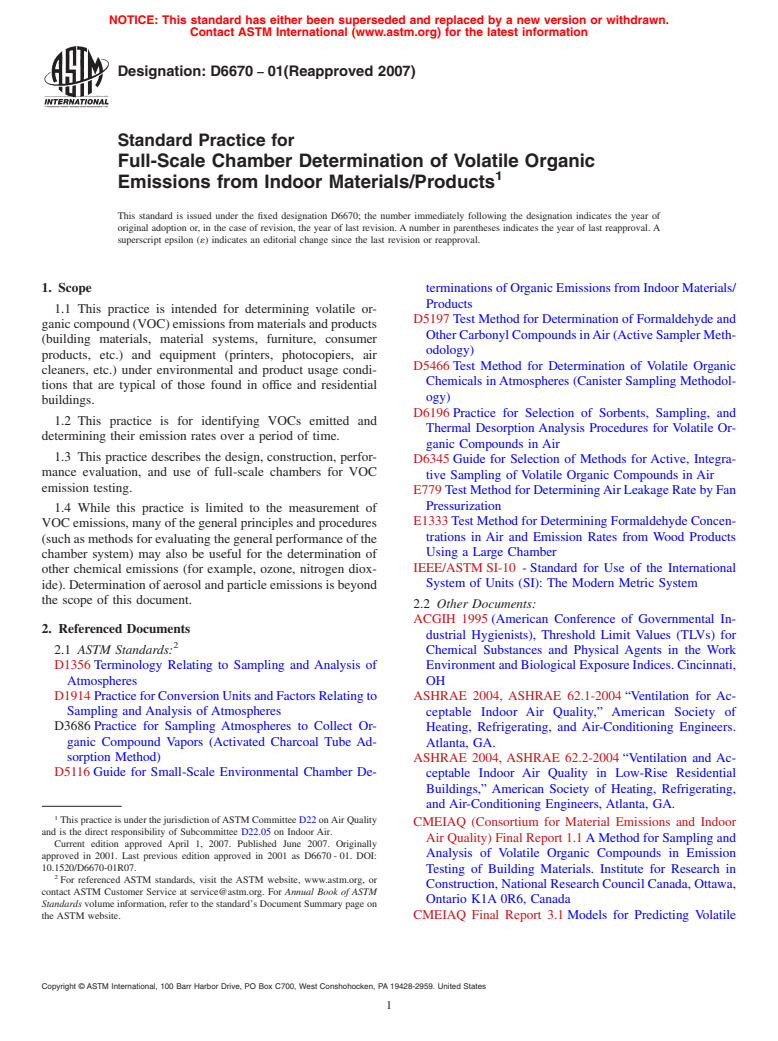 ASTM D6670-01(2007) - Standard Practice for Full-Scale Chamber Determination of Volatile Organic Emissions from Indoor Materials/Products