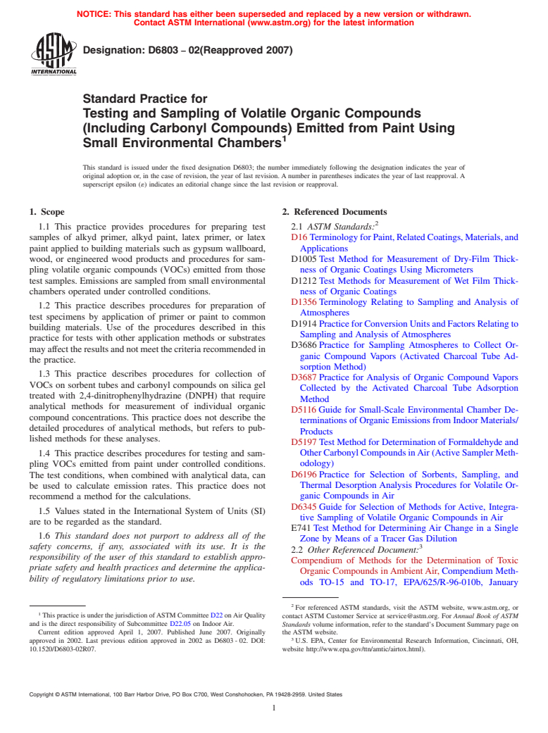 ASTM D6803-02(2007) - Standard Practice for Testing and Sampling of Volatile Organic Compounds (Including Carbonyl Compounds) Emitted from Paint Using Small Environmental Chambers