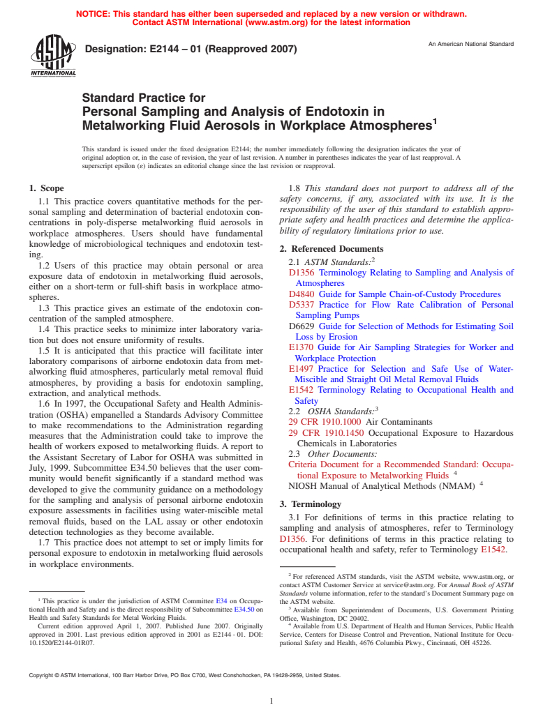 ASTM E2144-01(2007) - Standard Practice for Personal Sampling and Analysis of Endotoxin in Metalworking Fluid Aerosols in Workplace Atmospheres