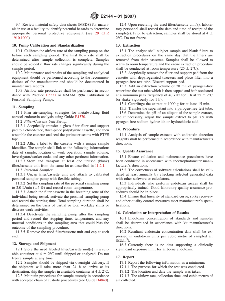 ASTM E2144-01(2007) - Standard Practice for Personal Sampling and Analysis of Endotoxin in Metalworking Fluid Aerosols in Workplace Atmospheres