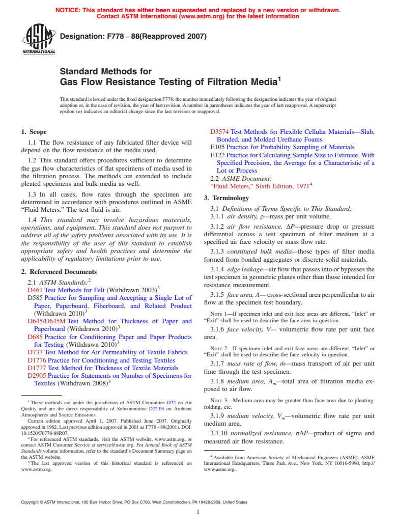 ASTM F778-88(2007) - Standard Methods for Gas Flow Resistance Testing of Filtration Media