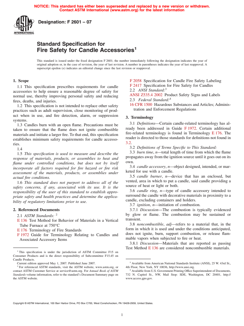 ASTM F2601-07 - Standard Specification for Fire Safety for Candle Accessories
