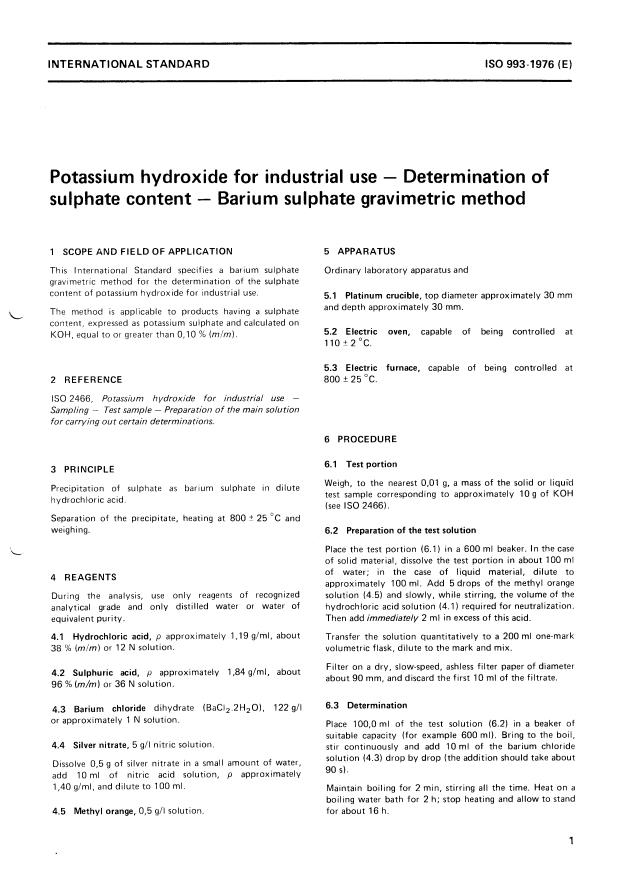 ISO 993:1976 - Potassium hydroxide for industrial use -- Determination of sulphate content -- Barium sulphate gravimetric method