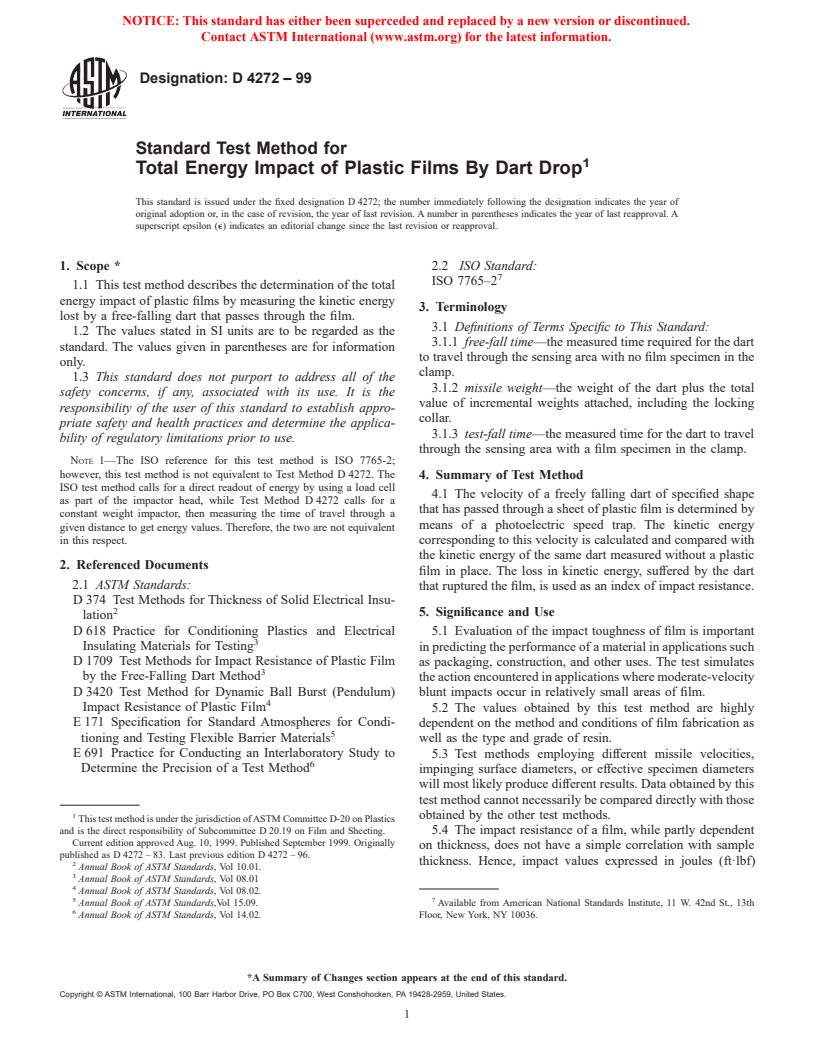 ASTM D4272-99 - Standard Test Method for Total Energy Impact of Plastic Films By Dart Drop