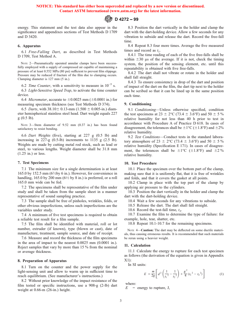 ASTM D4272-99 - Standard Test Method for Total Energy Impact of Plastic Films By Dart Drop