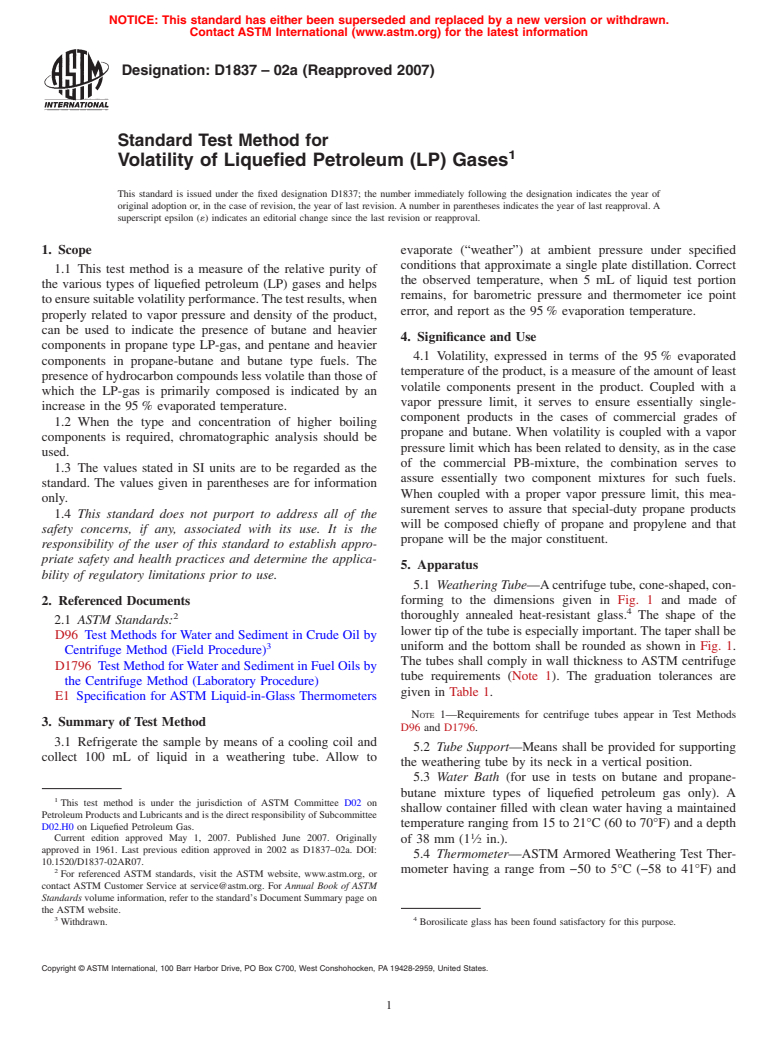 ASTM D1837-02a(2007) - Standard Test Method for Volatility of Liquefied Petroleum (LP) Gases