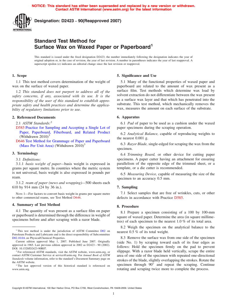 ASTM D2423-90(2007) - Standard Test Method for Surface Wax on Waxed Paper or Paperboard