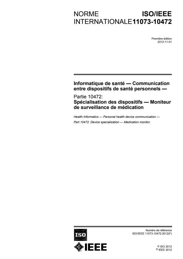ISO/IEEE 11073-10472:2012 - Informatique de santé -- Communication entre dispositifs de santé personnels