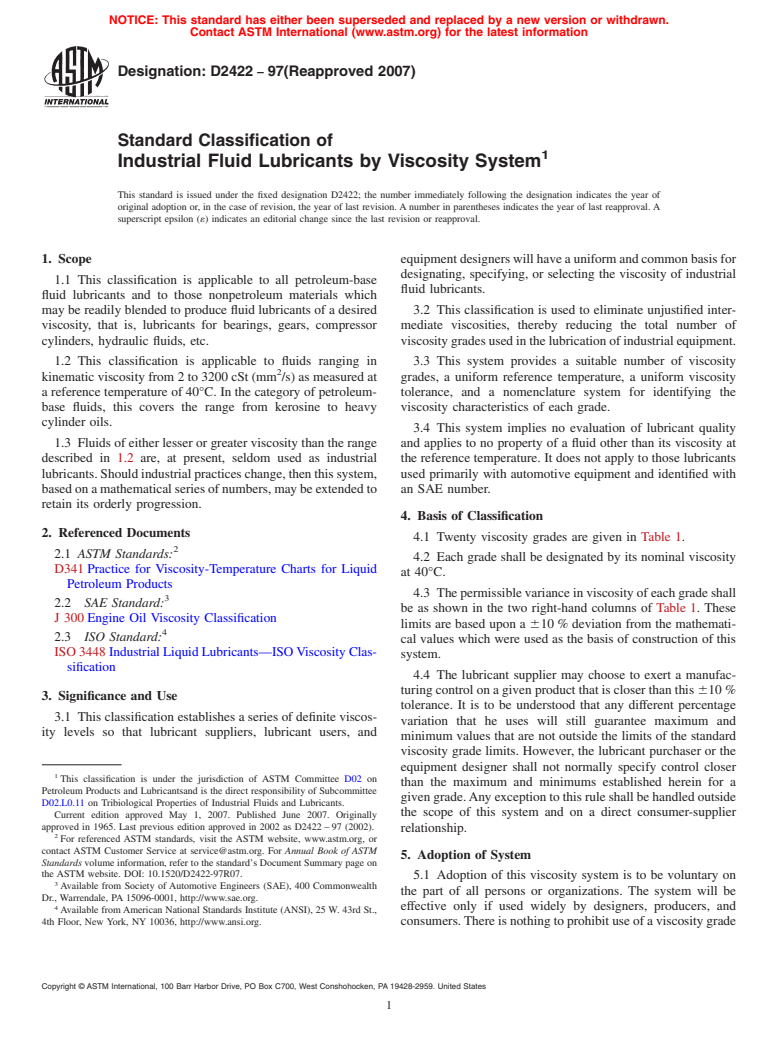 ASTM D2422-97(2007) - Standard Classification of Industrial Fluid Lubricants by Viscosity System