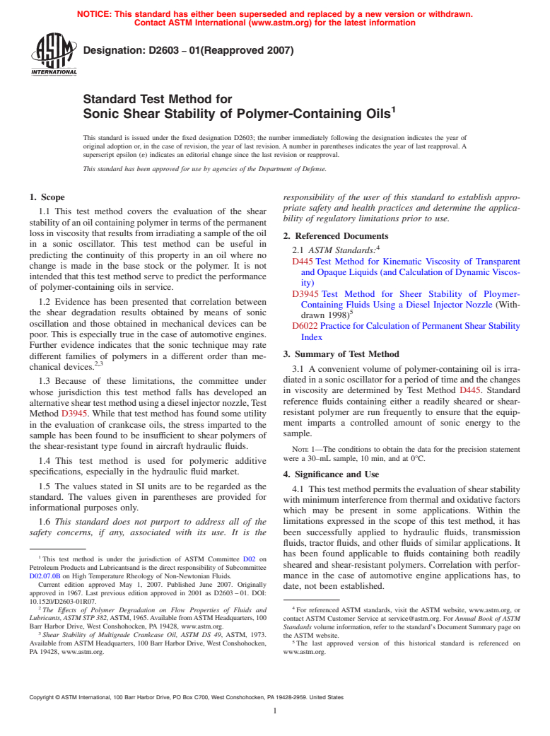 ASTM D2603-01(2007) - Test Method for Sonic Shear Stability of Polymer-Containing Oils