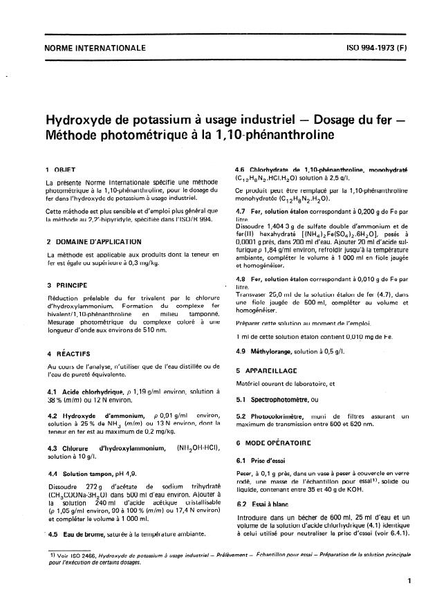 ISO 994:1973 - Hydroxyde de potassium a usage industriel -- Dosage du fer -- Méthode photométrique a la 1,10- phénanthroline