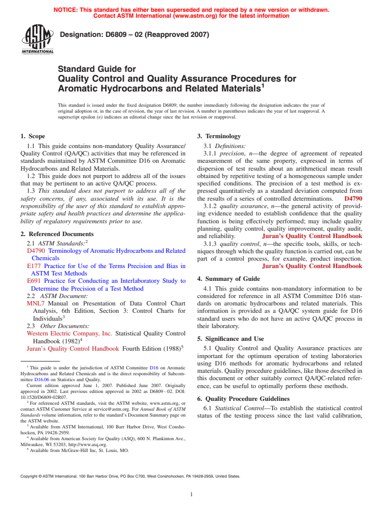 ASTM D6809-02(2007) - Standard Guide for Quality Control and Quality Assurance Procedures for Aromatic Hydrocarbons and Related Materials