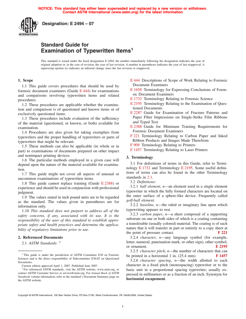 ASTM E2494-07 - Standard Guide for Examination of Typewritten Items