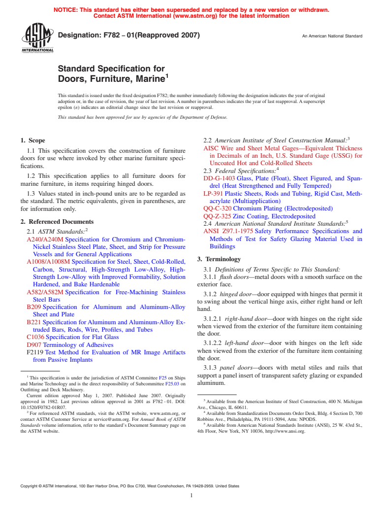 ASTM F782-01(2007) - Standard Specification for Doors, Furniture, Marine