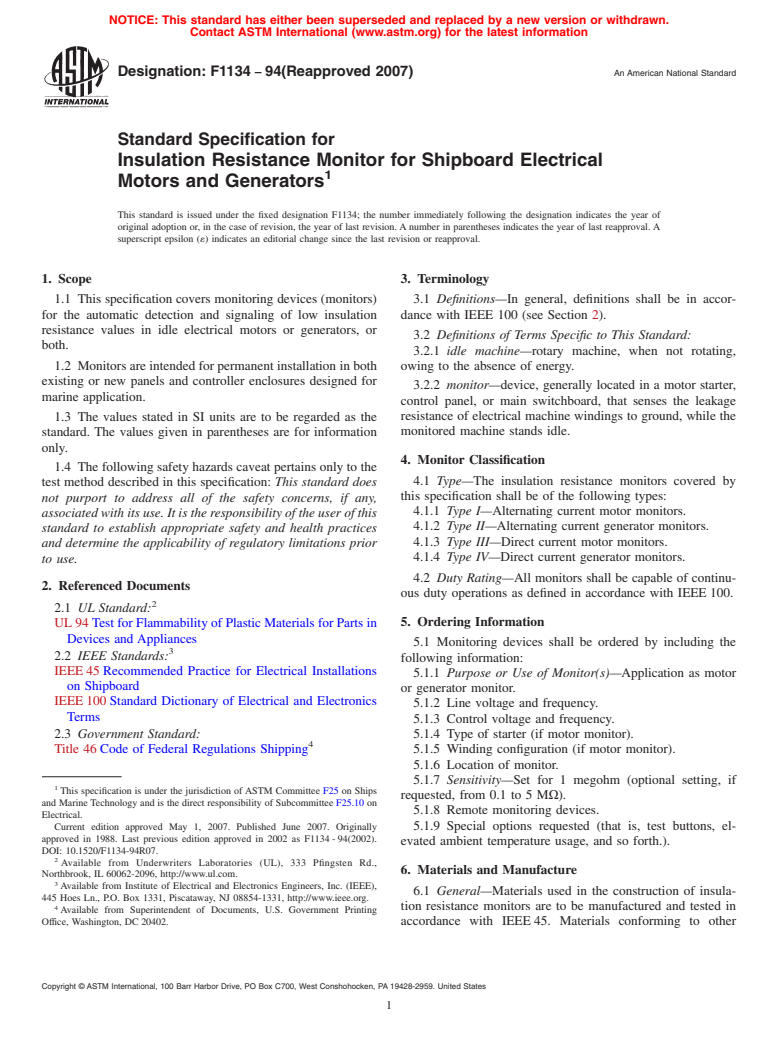 ASTM F1134-94(2007) - Standard Specification for Insulation Resistance Monitor for Shipboard Electrical Motors and Generators