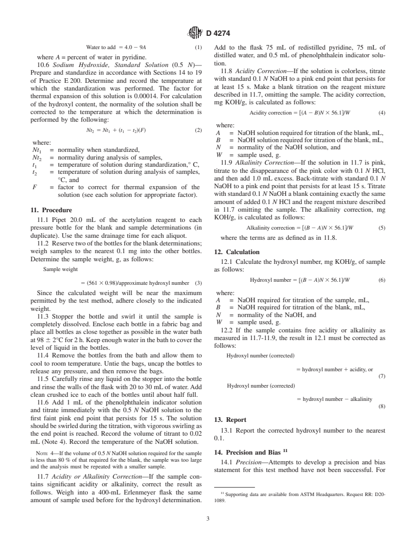 ASTM D4274-99 - Standard Test Methods for Testing Polyurethane Raw Materials  Determination of Hydroxyl Numbers of Polyols