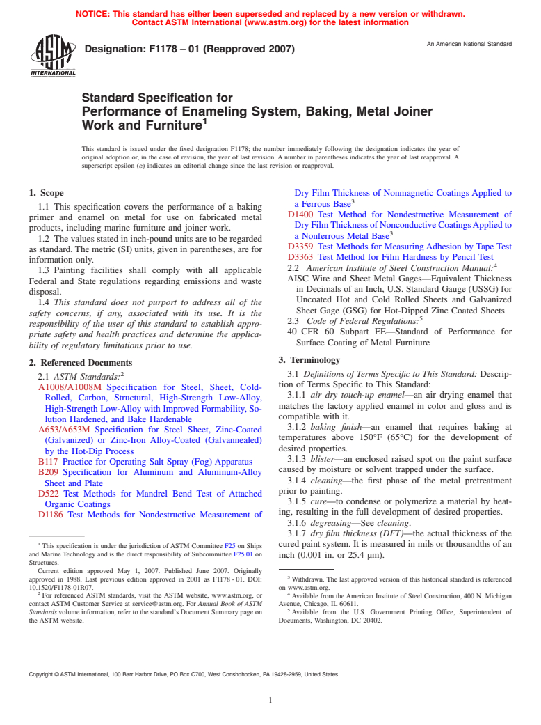 ASTM F1178-01(2007) - Standard Specification for Performance of Enameling System, Baking, Metal Joiner Work and Furniture