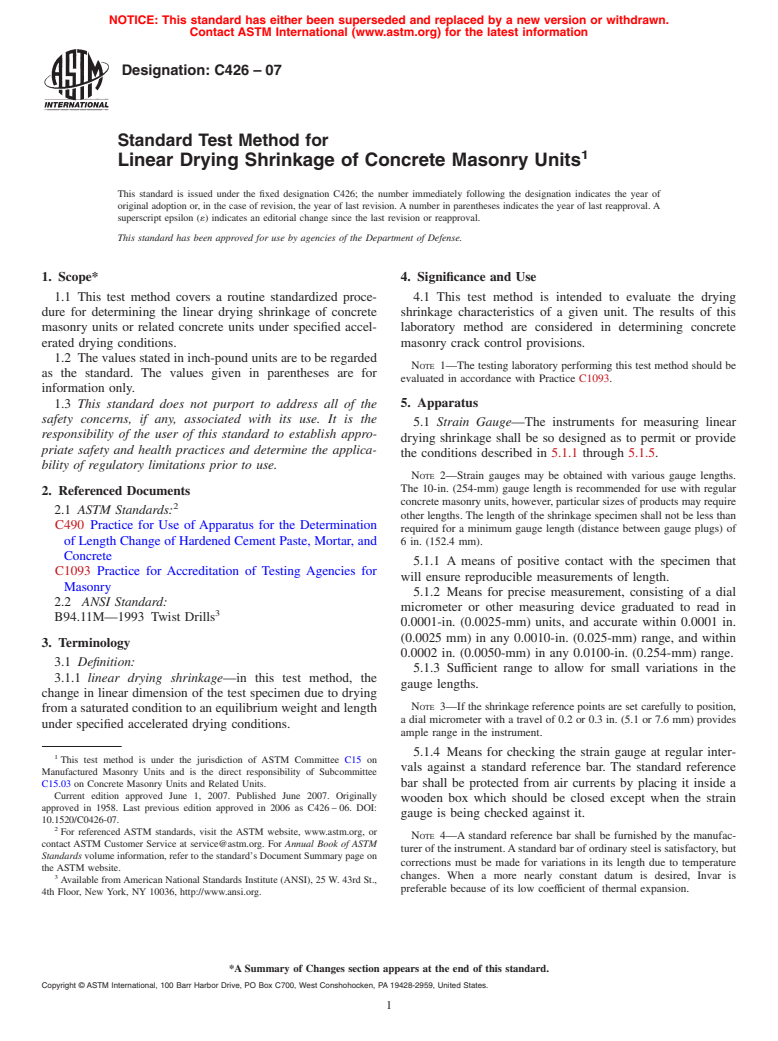 ASTM C426-07 - Standard Test Method for Linear Drying Shrinkage of Concrete Masonry Units