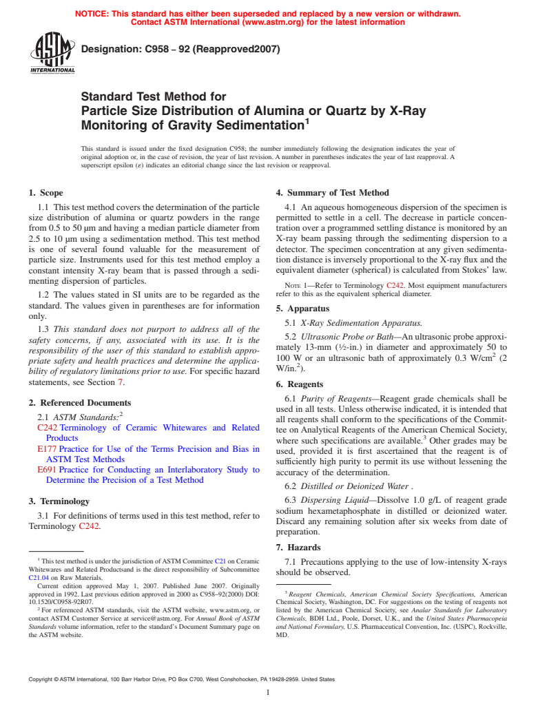 ASTM C958-92(2007) - Standard Test Method for Particle Size Distribution of Alumina or Quartz by X-Ray Monitoring of Gravity Sedimentation