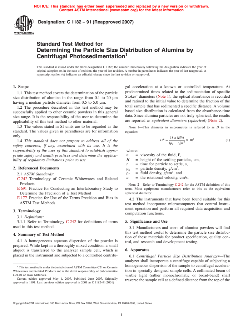 ASTM C1182-91(2007) - Standard Test Method for Determining the Particle Size Distribution of Alumina by Centrifugal Photosedimentation