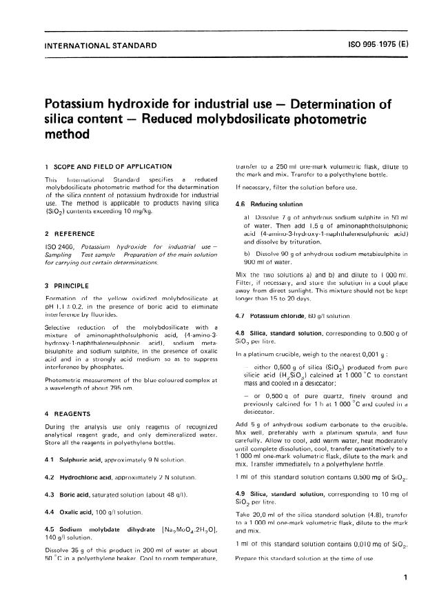 ISO 995:1975 - Potassium hydroxide for industrial use -- Determination of silica content -- Reduced molybdosilicate photometric method