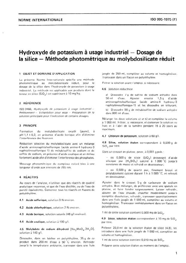 ISO 995:1975 - Hydroxyde de potassium a usage industriel -- Dosage de la silice -- Méthode photométrique au molybdosilicate réduit