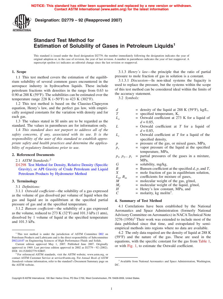 ASTM D2779-92(2007) - Standard Test Method for Estimation of Solubility of Gases in Petroleum Liquids