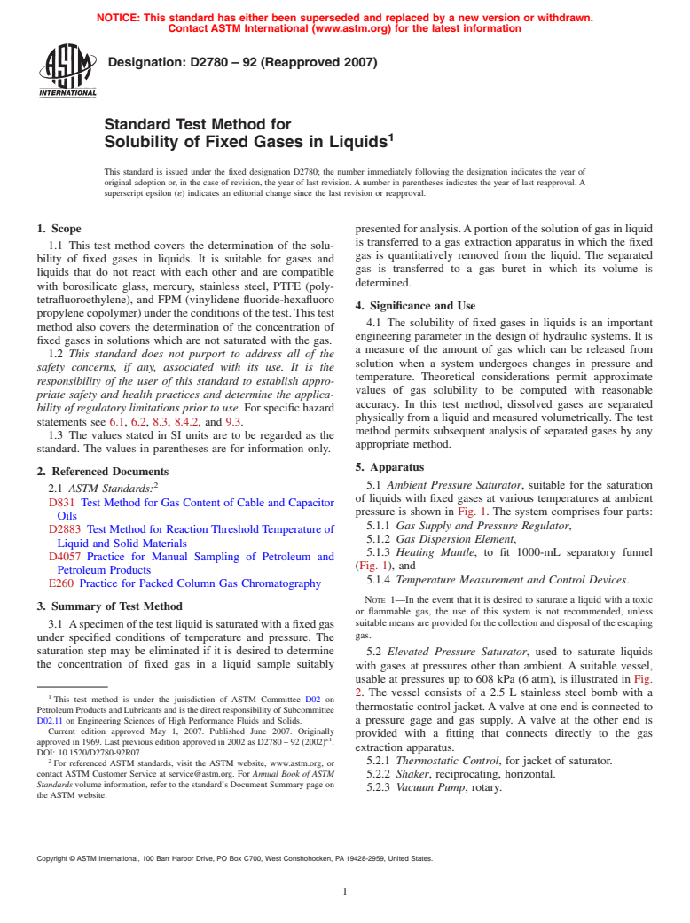 ASTM D2780-92(2007) - Standard Test Method for Solubility of Fixed Gases in Liquids (Withdrawn 2010)